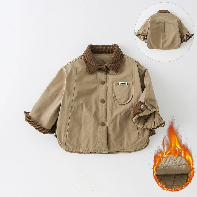 儿童衬衫2024新款男童冬季时髦洋气工装棉服中小童外套