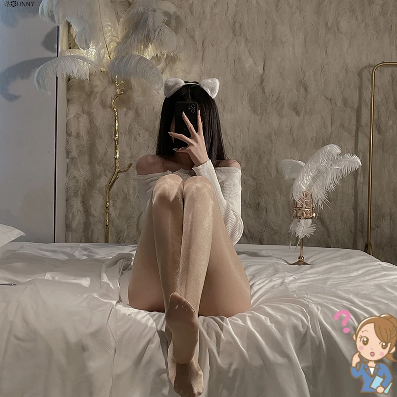 私密免脱性感薄款打底珠光油光袜白色丝袜透明油亮黑丝连体袜镂空