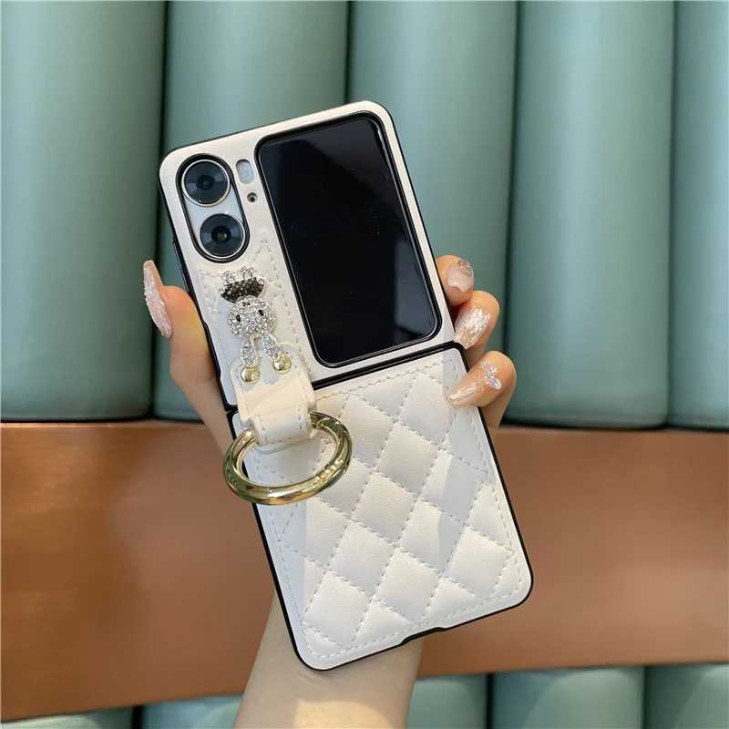 oppofind2flip 菱格压线小香风指环皮套手机壳便携支架折叠屏女款