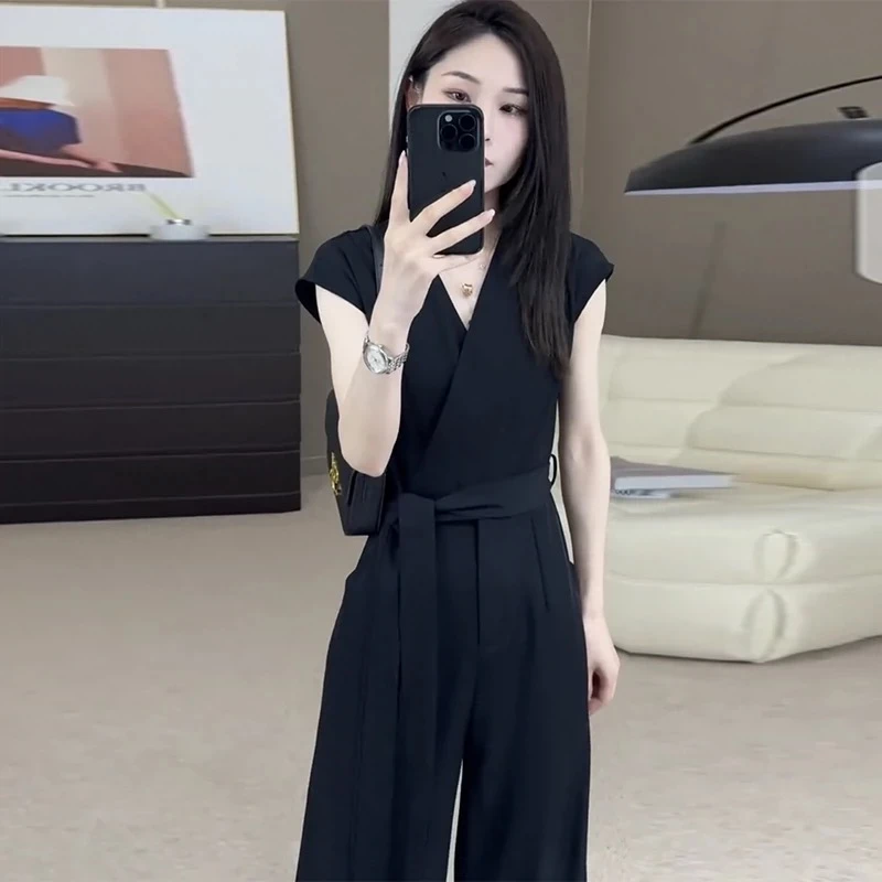 2024夏季新款休闲气质显瘦百搭时尚黑色修身连体裤阔腿女