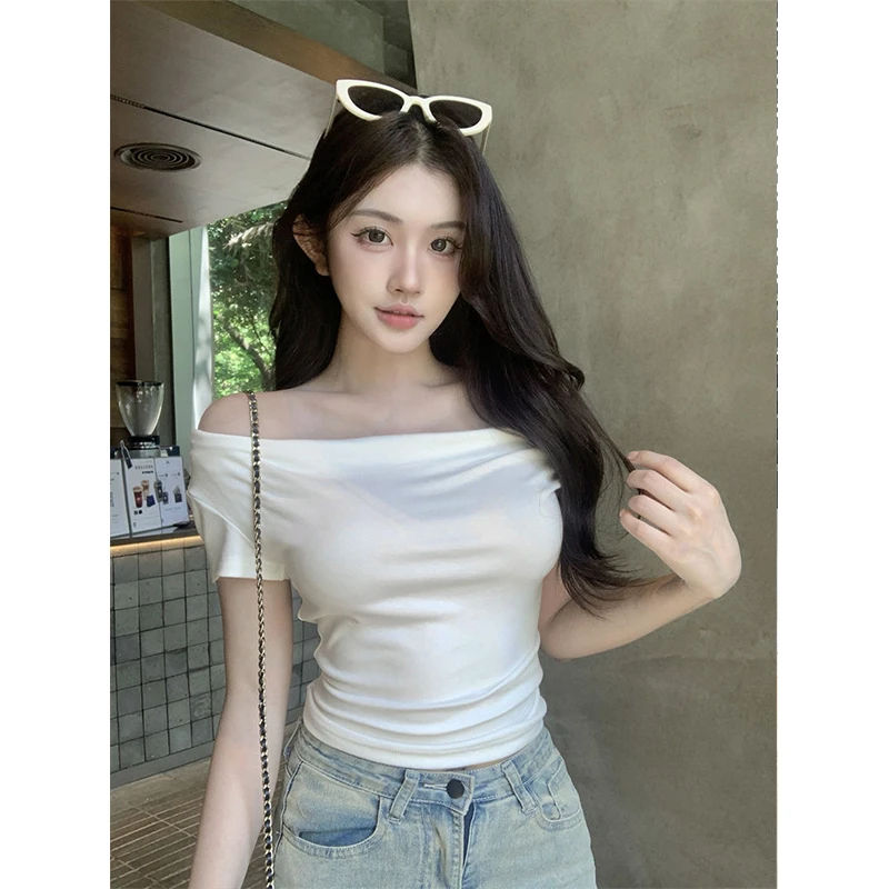 法式白色一字肩荡领锁骨短袖t恤女夏季性感修身高级感洋气上衣ins