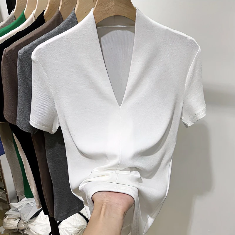 法式高级感螺纹V领短袖t恤女上衣2024春夏季新款修身内搭打底小衫