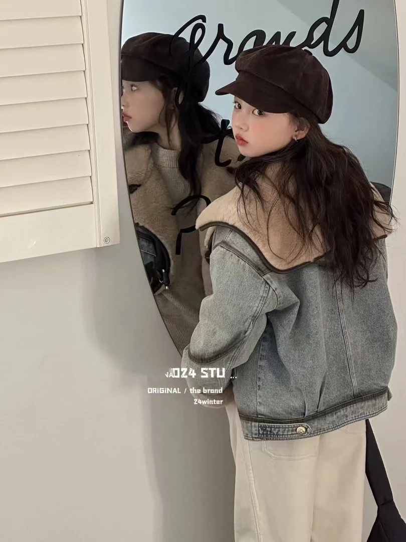 【haobaby】2024牛角扣翻毛领牛仔拼接绒绒外套5699