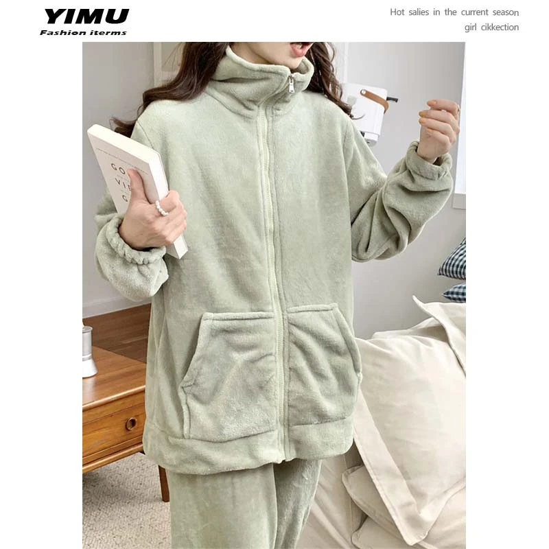 日系风睡衣女秋冬可外穿韩版加厚珊瑚绒甜美休闲加绒法兰绒居家服