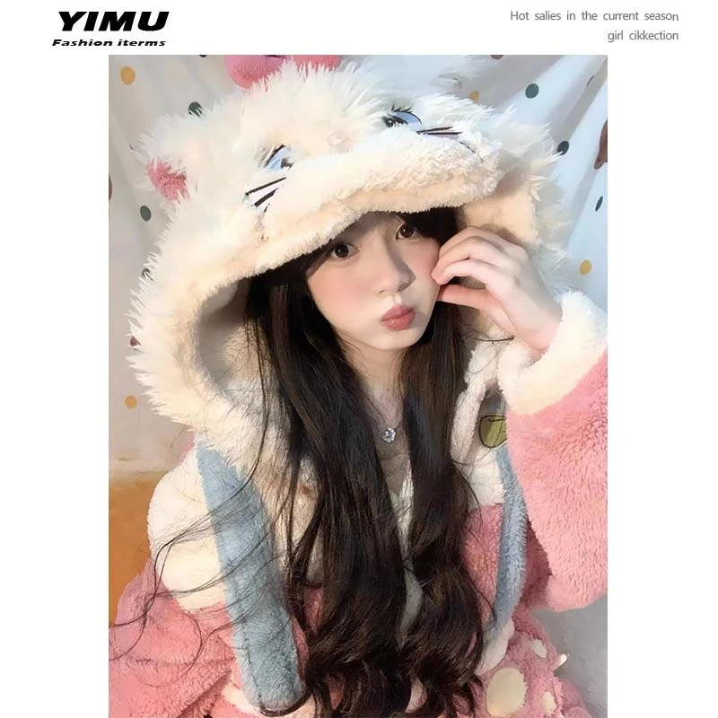 玛丽猫睡睡衣女珊瑚绒可爱卡通加绒加厚保暖秋冬学生冬连帽家居服