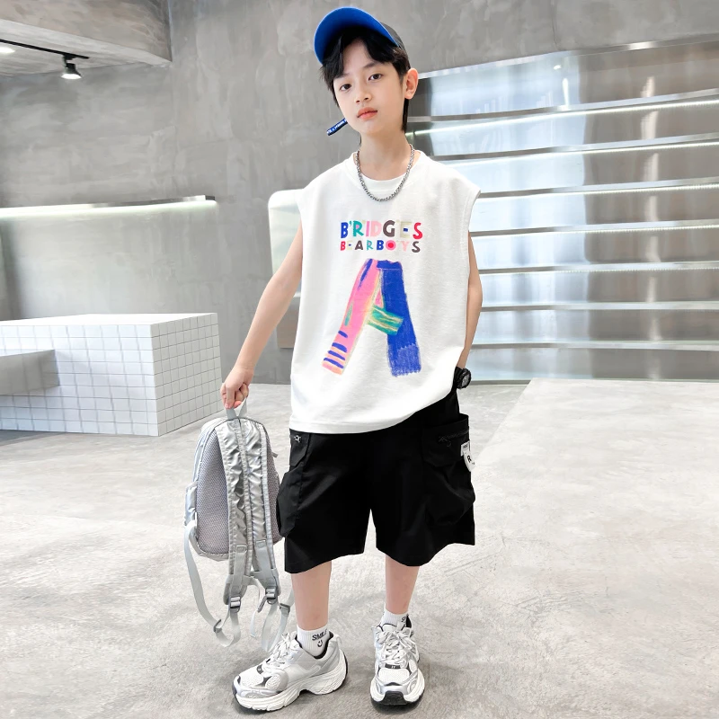 儿童装男童夏装背心套装6-12岁中大童夏季薄款男孩无袖坎肩帅气潮