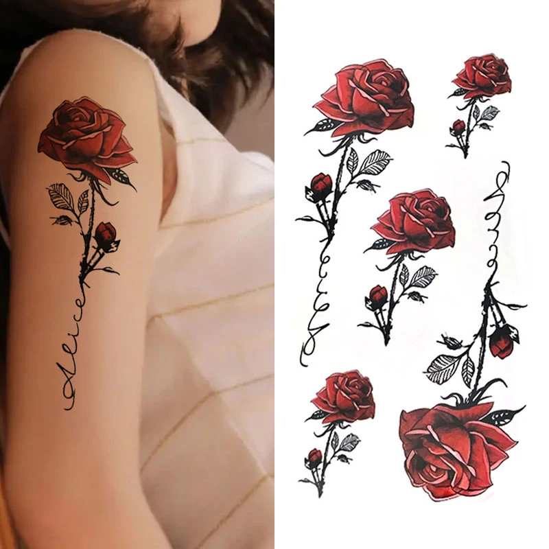 【3张一份】玫瑰花彩色唯美身体贴画女款防水持久纹身贴高品质