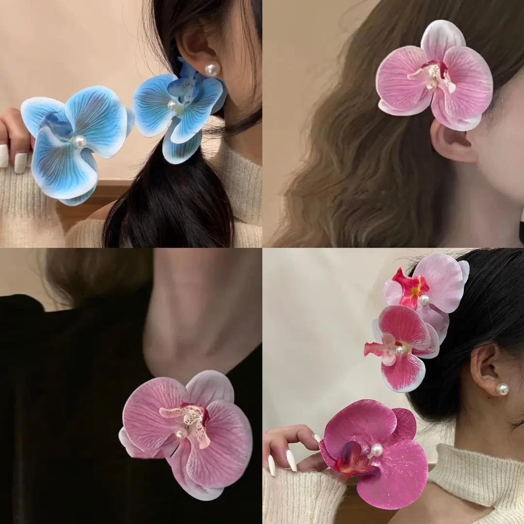 高级氛围感兰花珠珠超仙发饰拍照出片发夹可爱百搭古风甜美盘发器