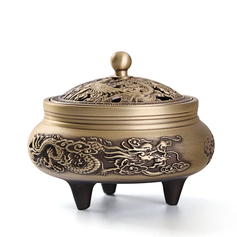 纯铜三足龙凤香炉家居摆件工艺品带盖手工雕刻大号香篆