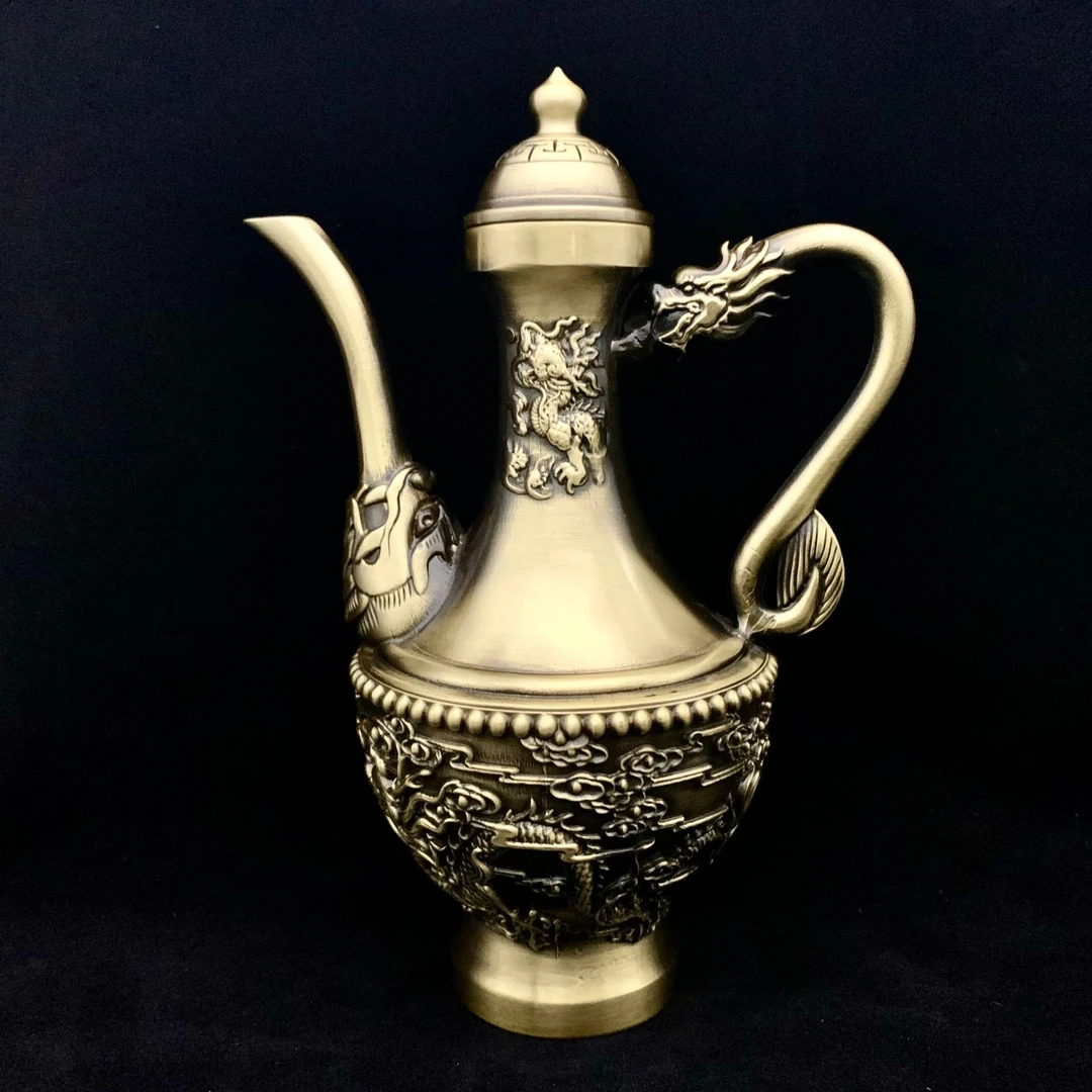 黄铜材质双龙纹酒壶 摆件工艺品
