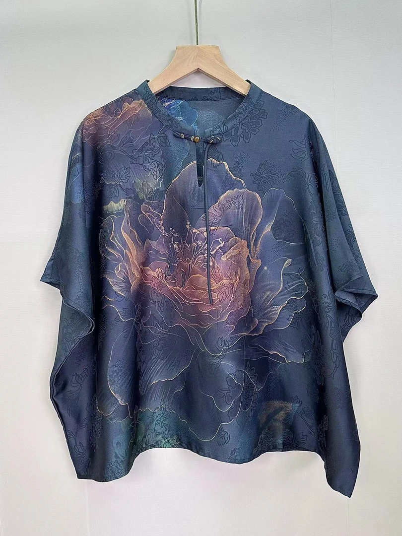 2025夏季新中式盘扣蝙蝠袖宽松妈妈款套头上衣衬衫