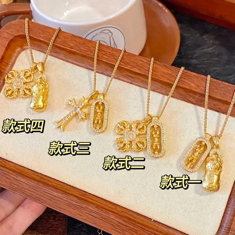 铜项链 高版本-韦雪同款貔貅金刚杵项链女古法十字架吊坠锁骨链女