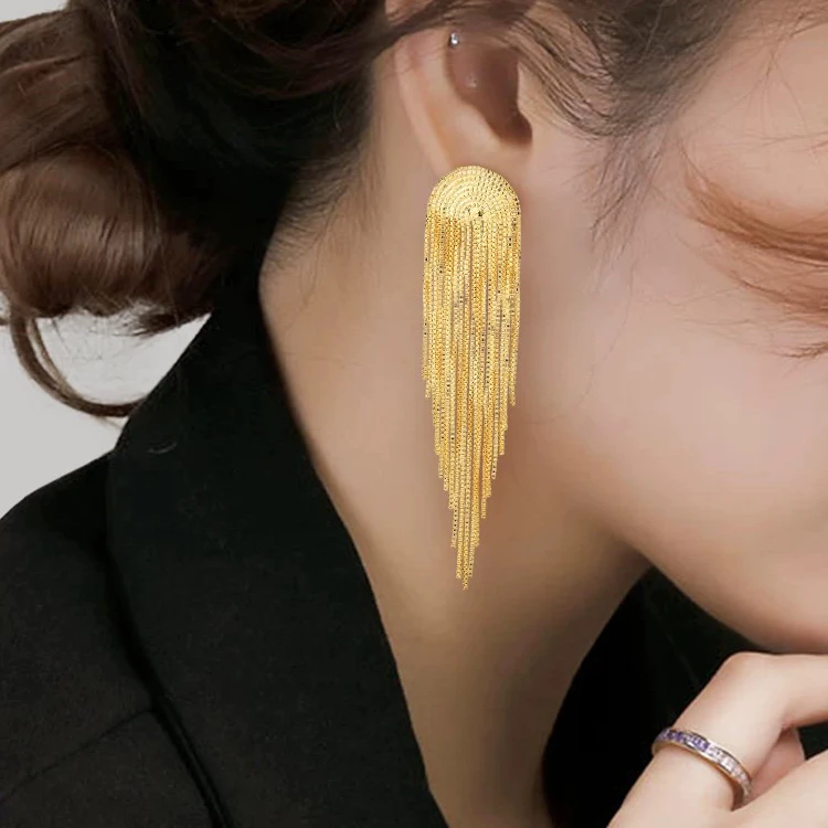 铜合金耳饰 精品-金色弧形瀑布流苏耳环轻奢长款御姐时尚个性耳坠