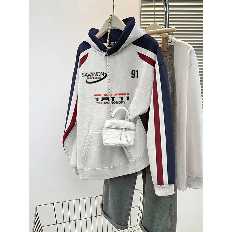 美式复古拼接撞色插肩加绒卫衣女秋冬oversize潮牌重磅硬挺连帽衫