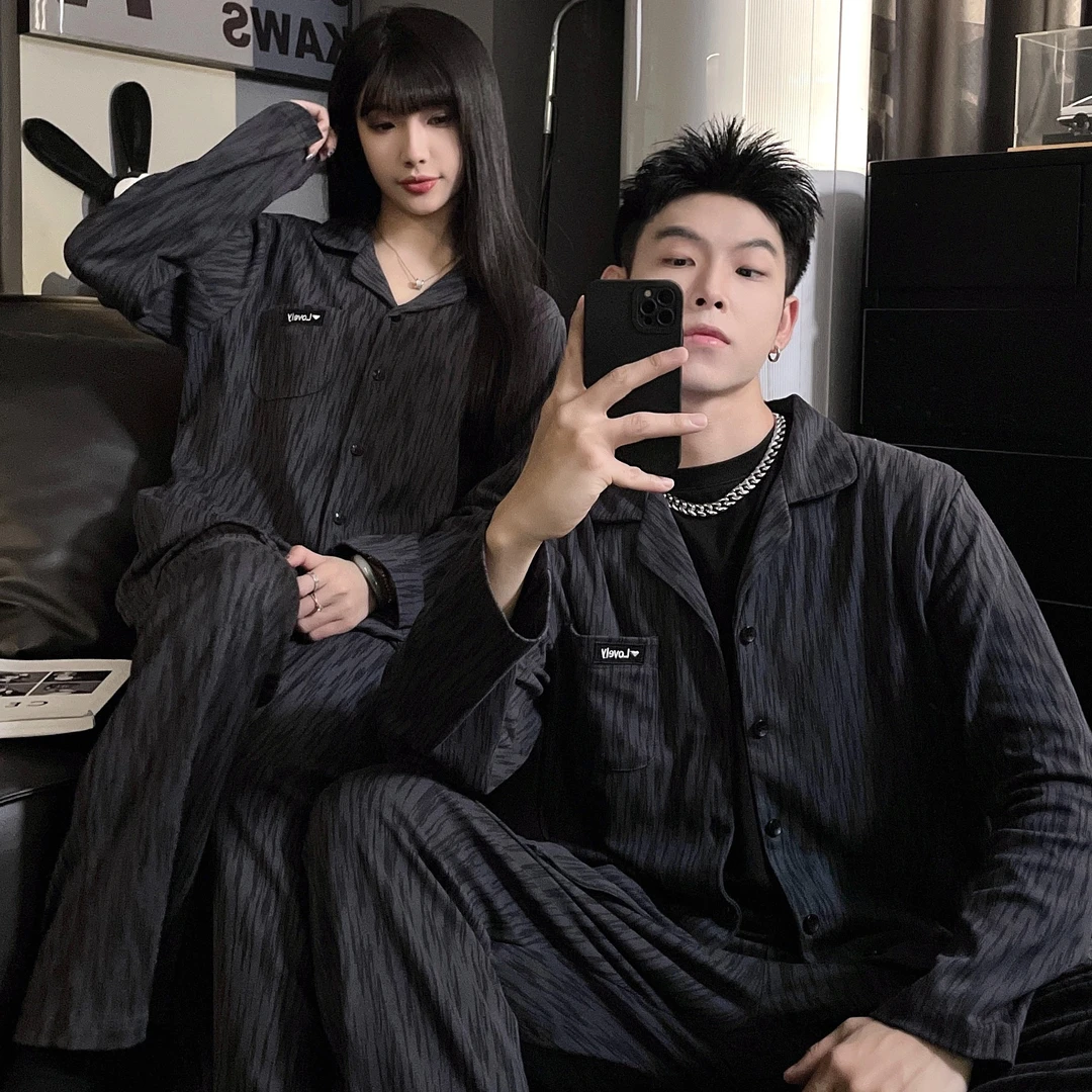 【情侣系列】高级感黑色情侣睡衣春秋冬季长袖可外穿大码家居服套装