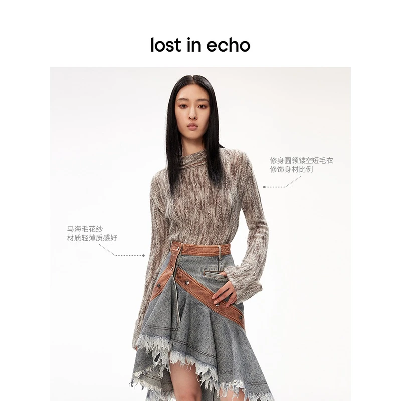【lost in echo】设计师品牌复古马海毛修身圆领镂空短款毛衣长袖