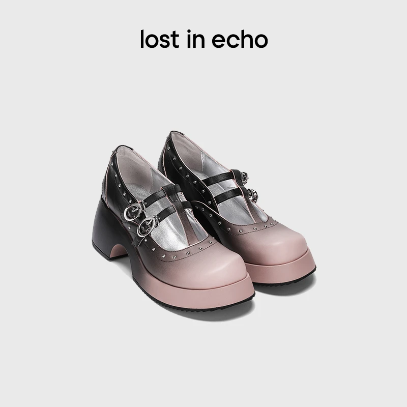 【lost in echo】设计师款圆头铆钉双扣带厚底玛丽珍鞋女士高跟