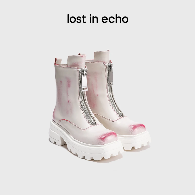 【lost in echo】西装靴方头前置双拉链擦色厚底马丁靴时尚英伦风