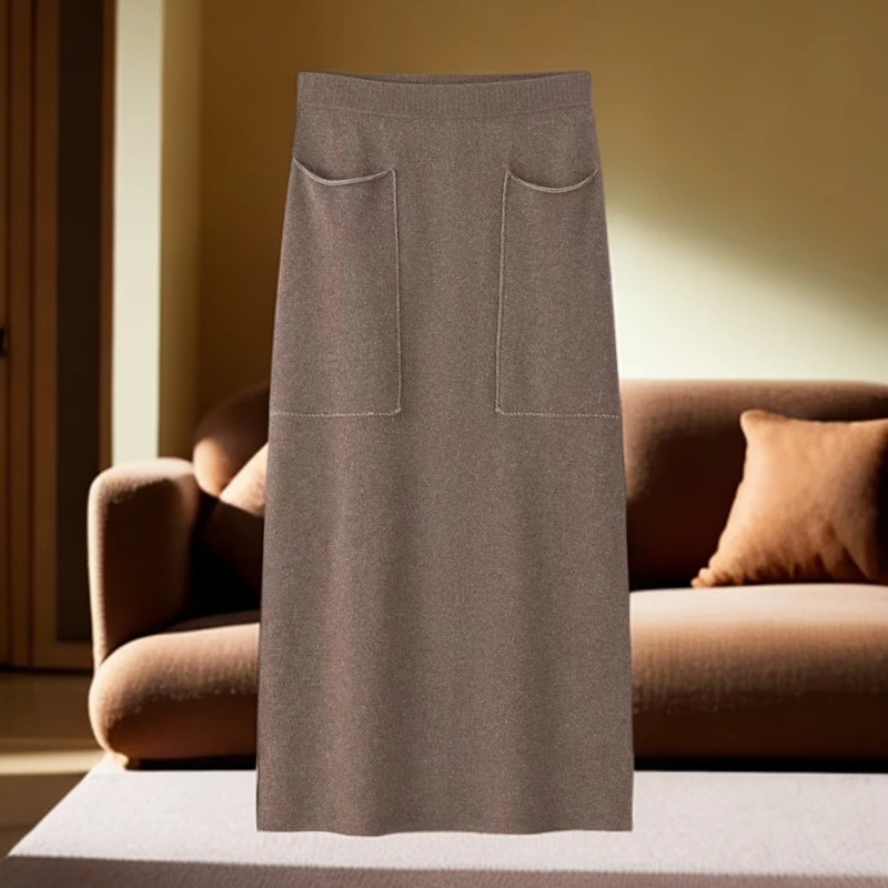 针织羊绒半裙 显瘦简约中长款A字加厚带兜裙子