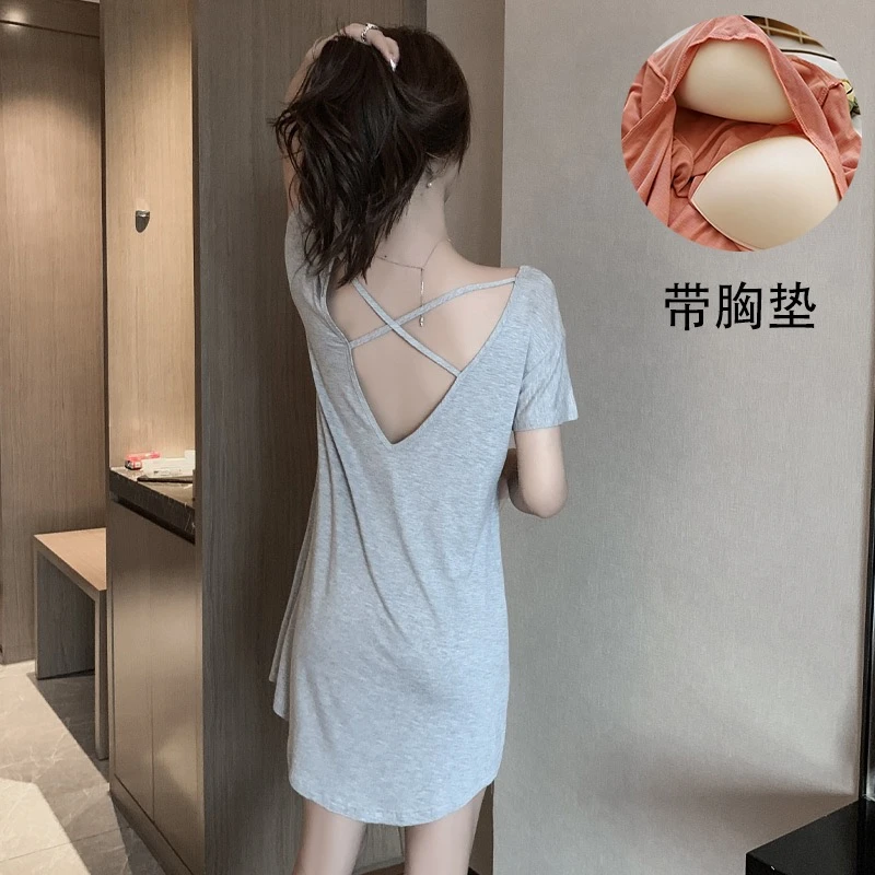 性感美背睡裙带胸垫莫代尔睡衣夏季薄款家居服交叉露背中短裙网红