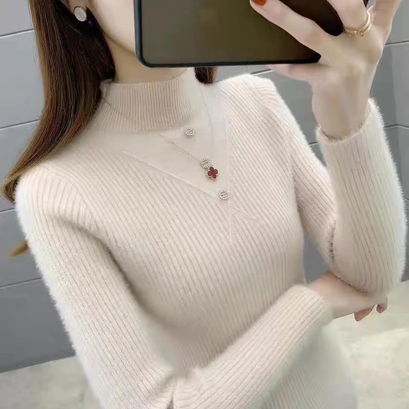 1156半高领仿水貂绒女春秋新款修身显瘦百搭打底衫长袖内搭针织衫