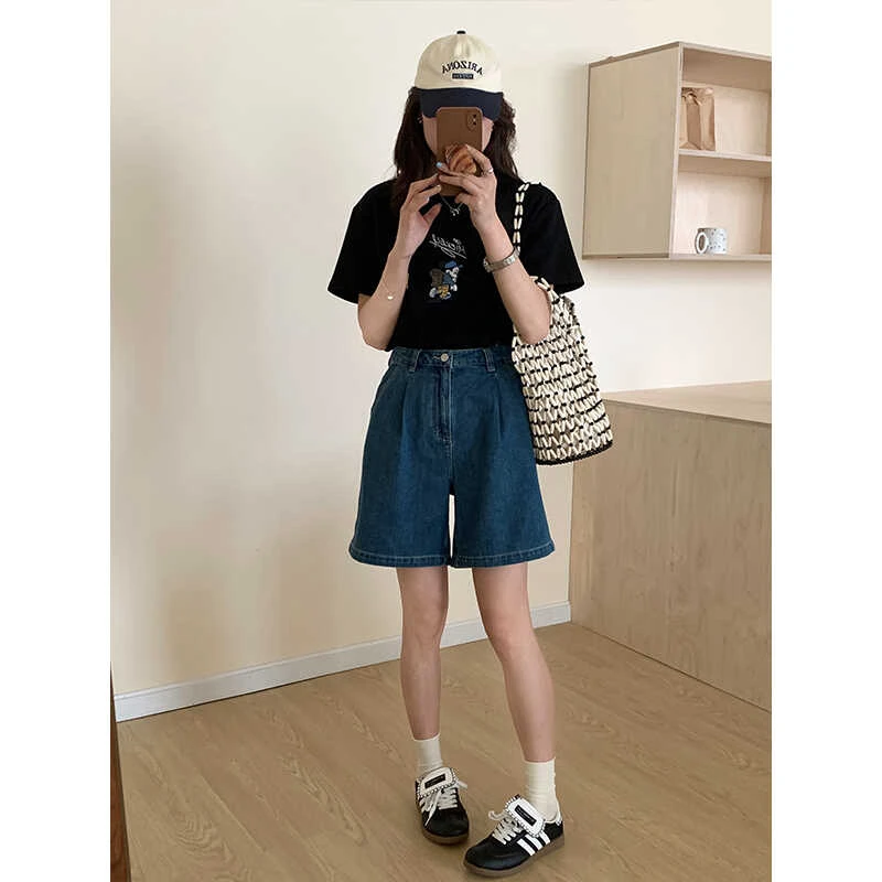 A Clip's/一个夹子 夏季薄款高腰宽松复古牛仔短裤 a字五分裤女