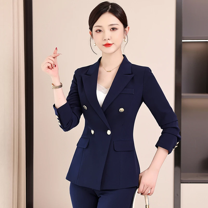 修身显瘦气质金属扣经理职业藏青色双排扣西装套装女神范商务春秋