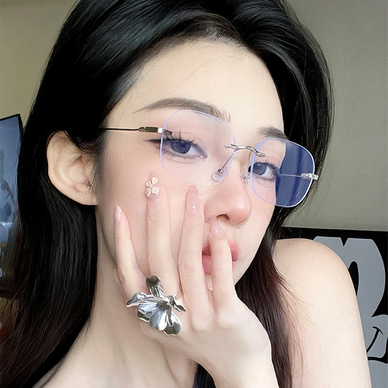 无框眼镜女高级感超轻大脸显瘦防蓝光近视眼镜女可配度数专业配镜