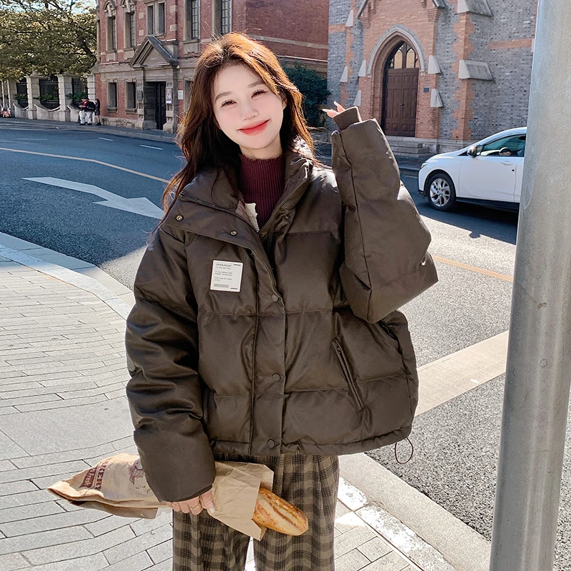免洗PU皮白鸭绒短羽绒服女2025冬季新款立领短款宽松韩版时尚外套