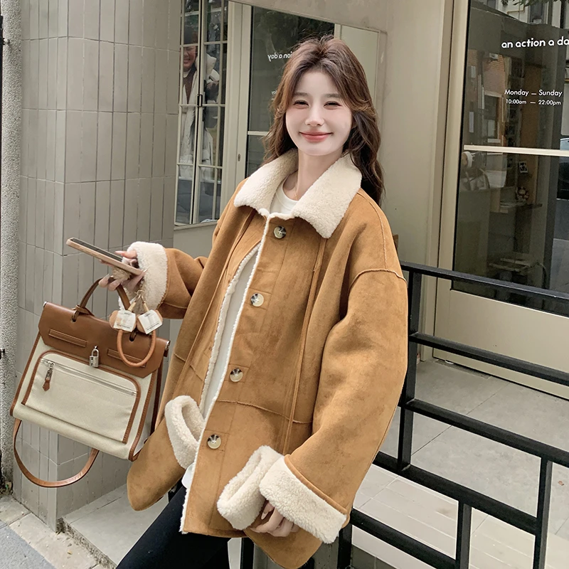 韩系复古翻领两面穿外套女秋冬季新款洋气时尚高级感皮毛一体上衣