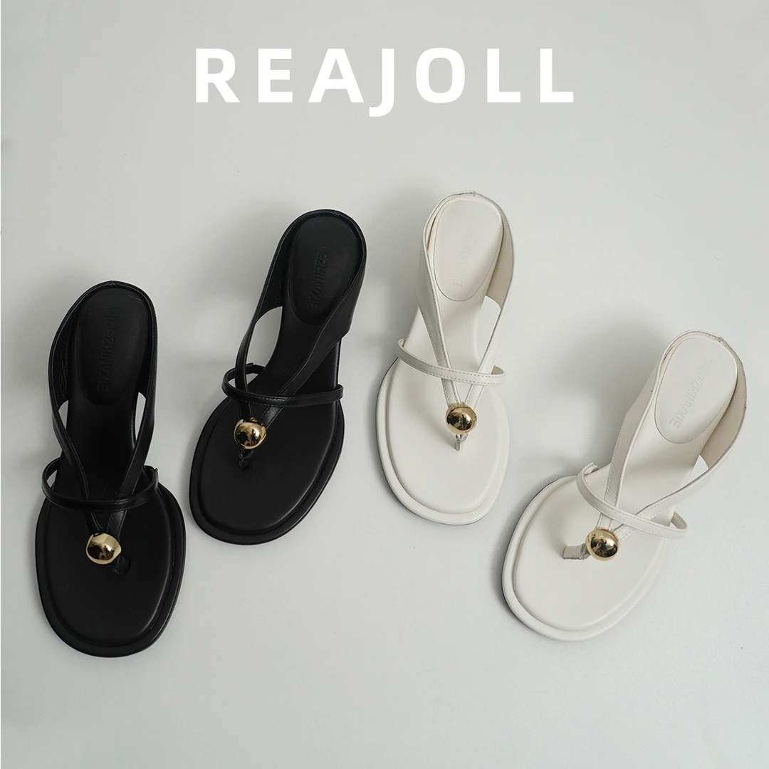 REAJOLL百搭法式气质小众设计圆头金属球小猫跟夹趾半拖凉拖鞋女