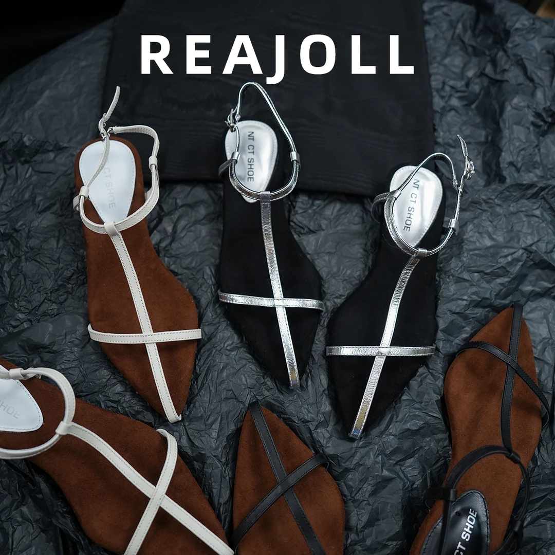 REAJOLL【跟高3cm】法式夏季气质极简风十字带坡跟时尚尖头凉鞋女款