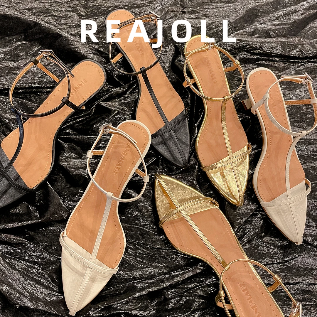 REAJOLL 春夏新款尖头露趾细跟法式小香风一字带百搭中跟小凉鞋女