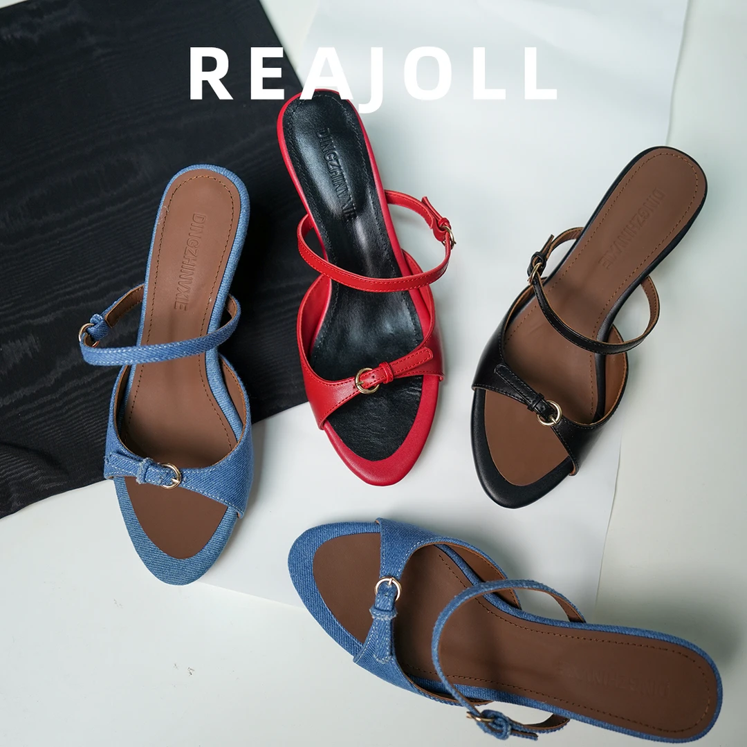 REAJOLL女鞋拖鞋夏季韩版坡跟露趾一字凉鞋复古真皮沙滩鞋休闲风