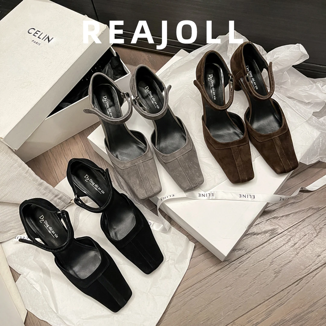 REAJOLL真皮粗跟方头浅口2024夏季新款翻皮韩版凉鞋女气质百搭