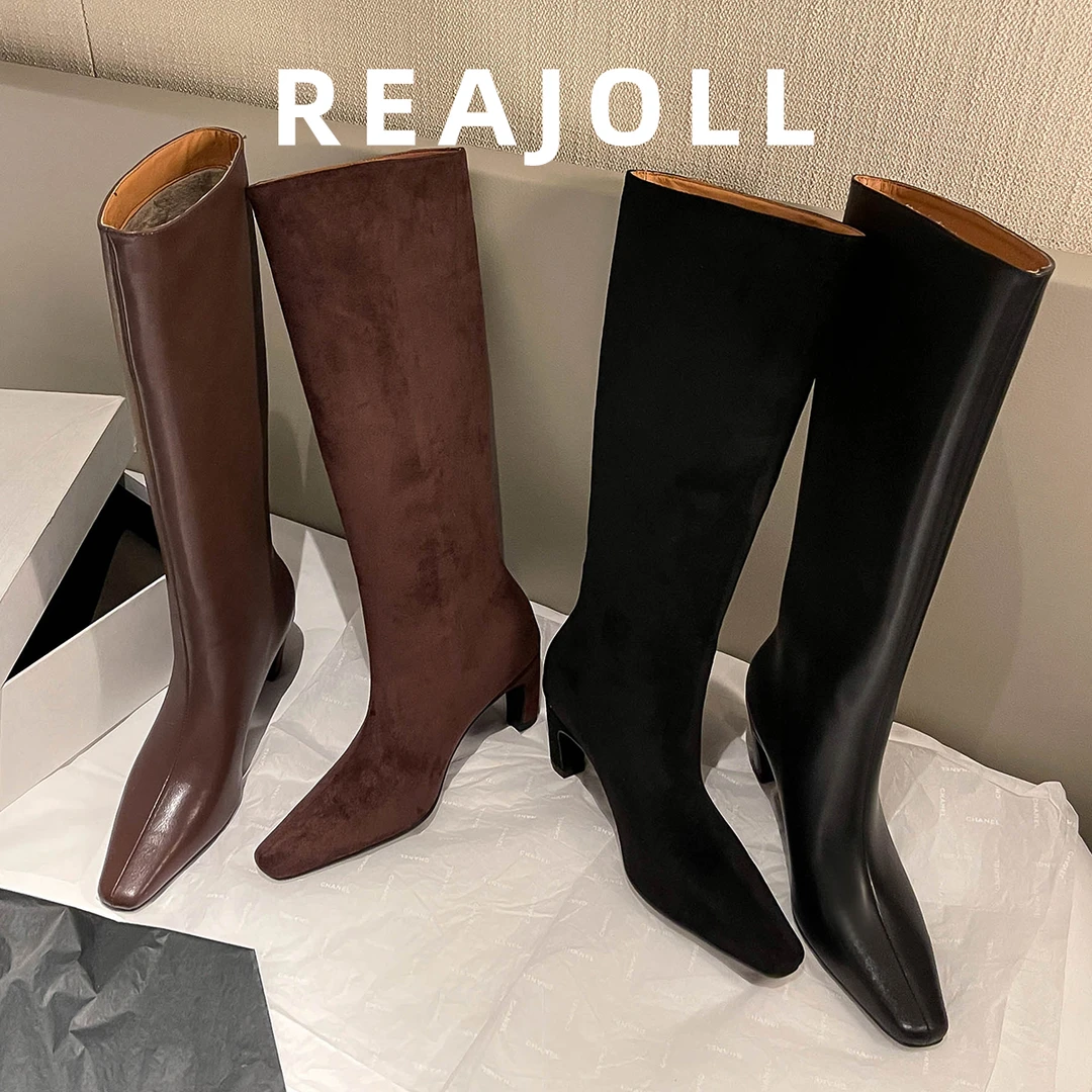 REAJOLL时尚百搭粗跟高跟骑士尖头过膝方头弹力秋冬长筒宽筒长靴