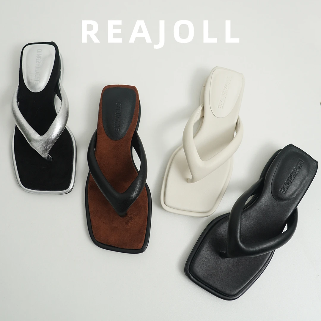 REAJOLL法式方头气质小众设计师简约坡跟夹趾人字拖半拖凉拖鞋女