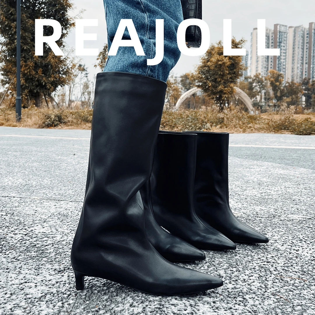 REAJOLL黑色高筒靴时尚防滑防滑尖头高帮秋冬长筒真皮中筒长靴子