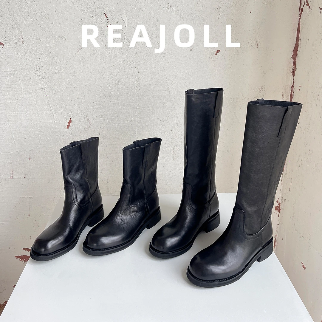 MS-795/法式小众圆头粗跟厚底水洗牛皮骑士长靴秋冬新款高筒靴女