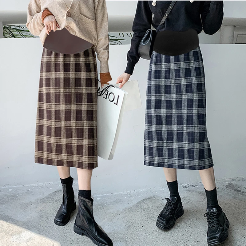 2023孕妇开叉格子半身裙中长款秋冬季新款复古格纹a字气质直筒裙