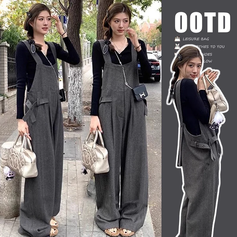 孕妇背带裤2024秋装新款慵懒风宽松毛呢孕妇背带裤长款黑色打底