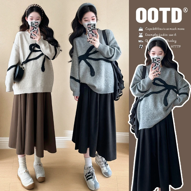 孕妇毛衣2024秋季新款宽松蝴蝶结中长款长袖针织上衣毛呢托腹裙