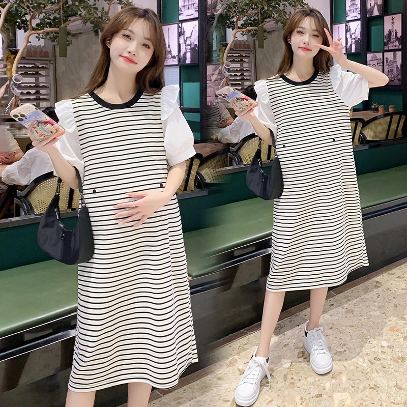 2025夏季新孕妇装连衣裙拼接泡泡袖假2件腰围可调节针织长裙子女