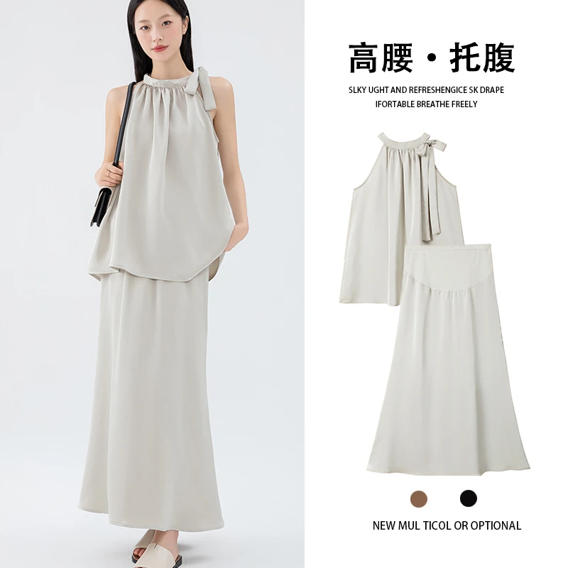 孕妇夏装新款2025挂脖蝴蝶结气质薄款无袖背心女孕妇托腹半身裙