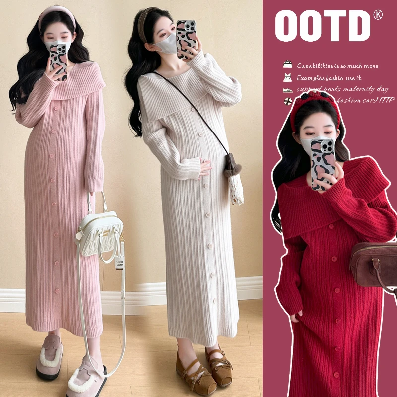 2024孕妇新款温柔慵懒风设计感一字领针织毛衣连衣裙子女潮外穿