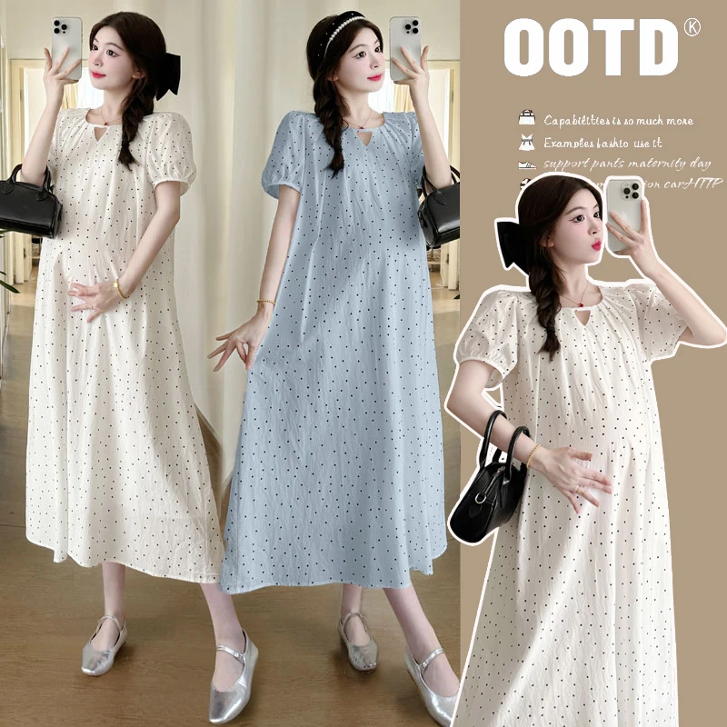 孕妇裙夏季新款2024韩版法式洋气甜美气质孕妇波点宽松连衣裙长裙