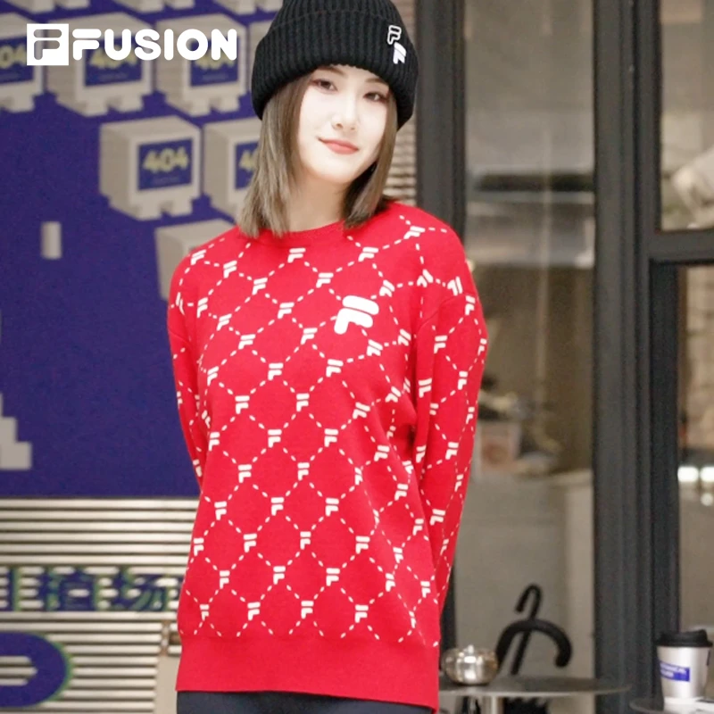 FILAFUSION斐乐22秋冬新款老花套头编织衫女士宽松保暖T11W243406