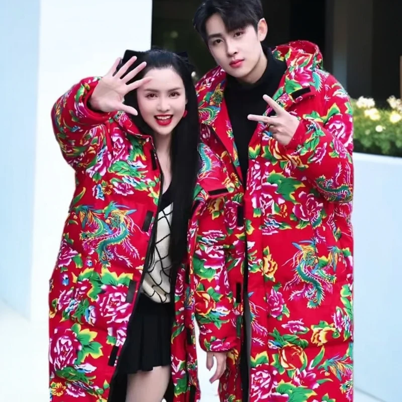 情侣装中长款东北大花布保暖棉袄男冬季新款棉衣外套加厚大码棉服