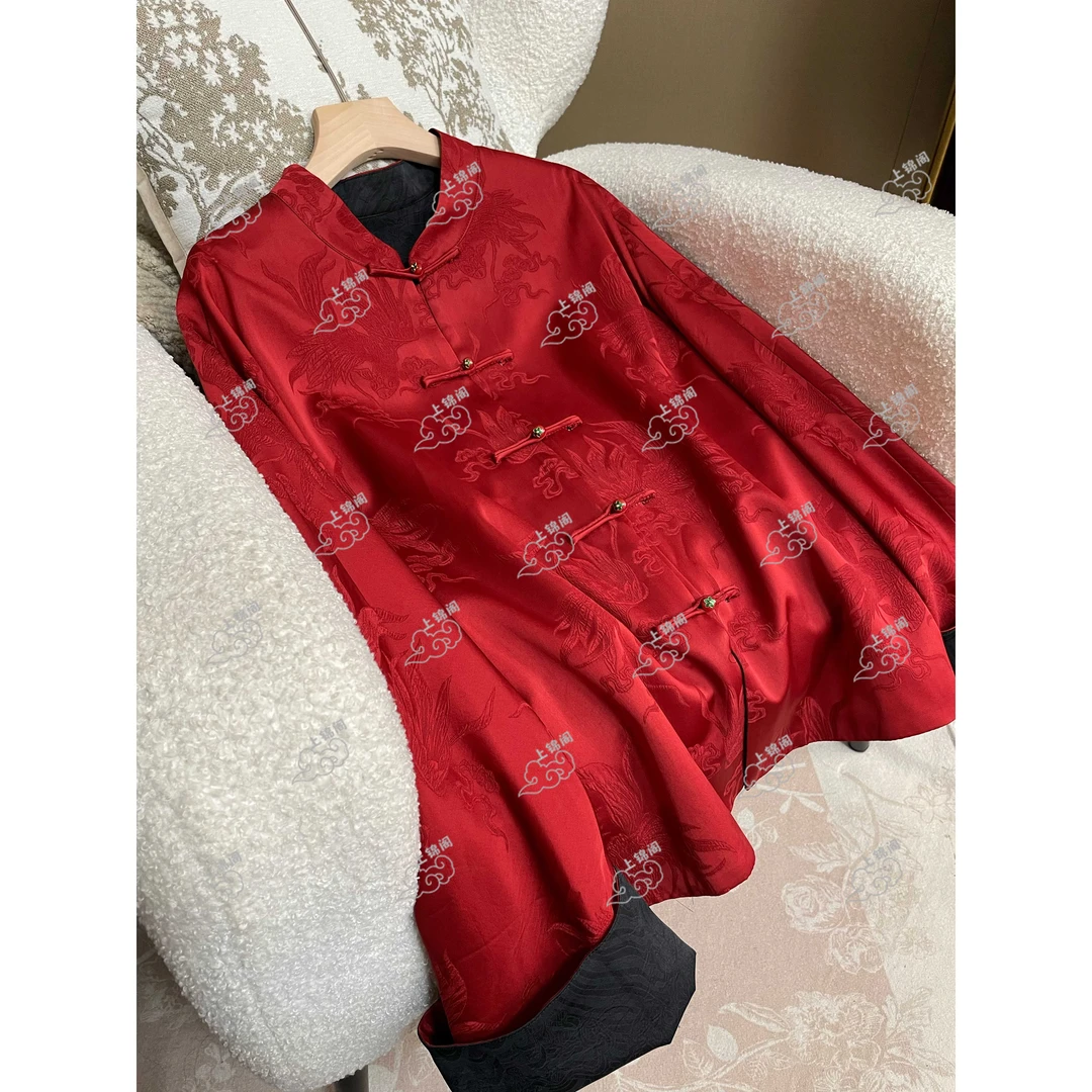 812新中式双面穿秋冬低领长袖外套女装唐装气质上衣复古红色显瘦