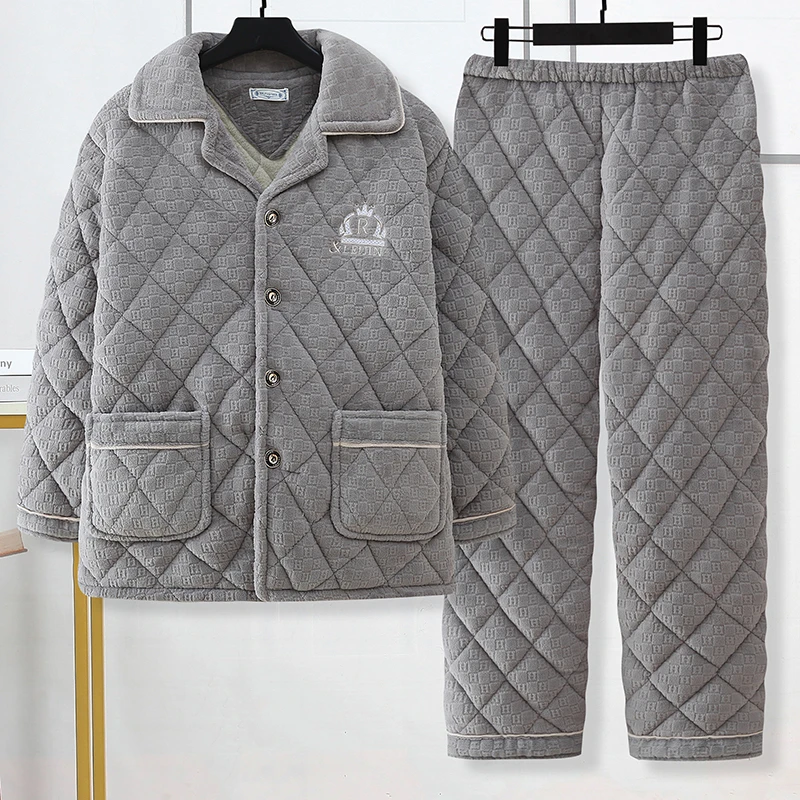 中老年睡衣秋冬天男士加绒加厚珊瑚绒夹棉袄法兰绒家居服保暖套装